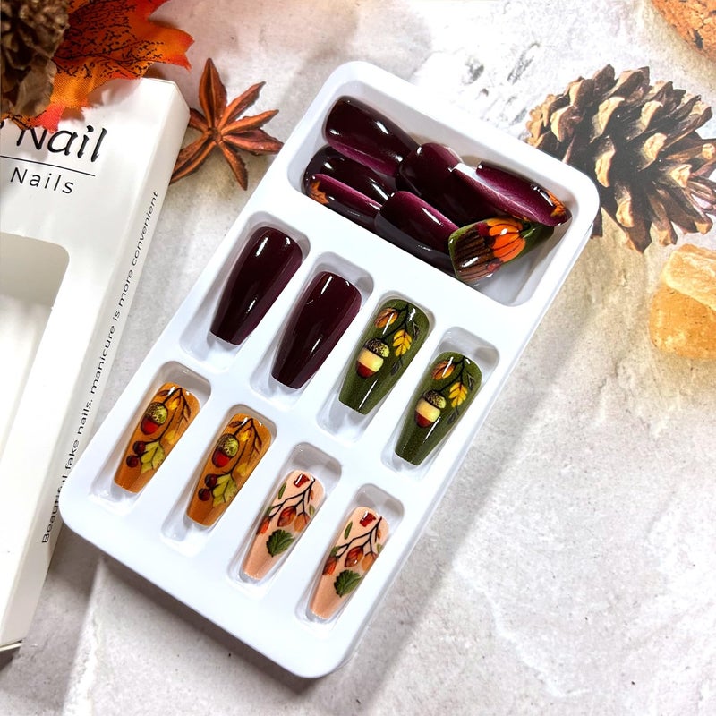 CJDLTS Thanksgiving Press on Nails Medium Ballet Shaped Fall Maple Leaf Pumpkin Pattern Acrylic False Nail Full Cover Glossy Autumn Stick on Nail Festival Artificial Fingernails Glue on Nails for Women 24Pcs - Image 3
